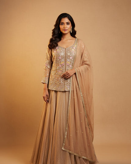 Golden lehenga Choli set with long blouse