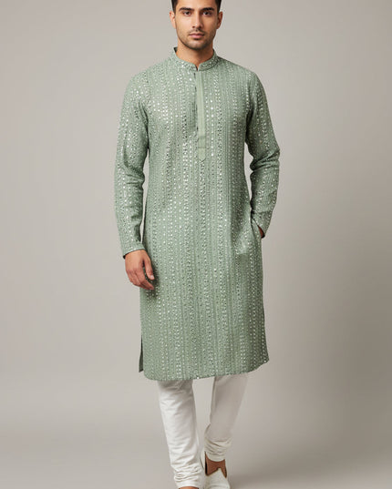 Light green kurta pajama set for men by Kurti Connection USA