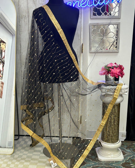Black foil mirror work dupatta by Kurti Connection USA