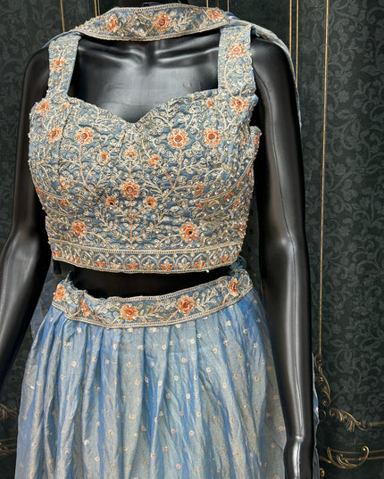 Pastel blue: Tissue silk lehenga Choli set