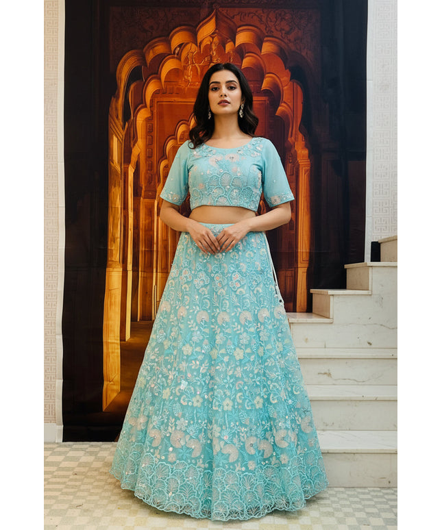 Light blue party wear Lehenga choli set by Kurti Connection USA
