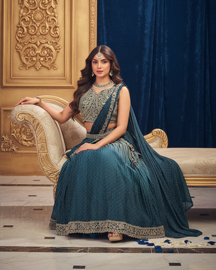 Gold & Navy Embroidered Lehenga Choli Set