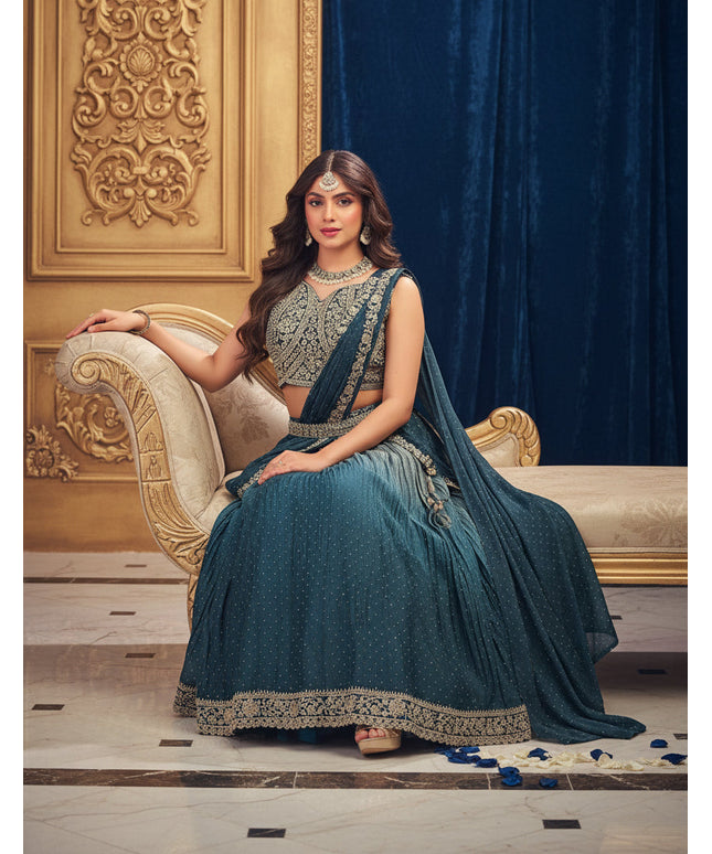 Gold & Navy Embroidered Lehenga Choli Set