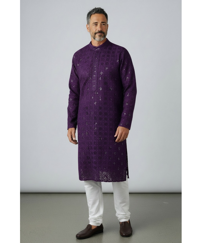 Sequin kurta pajama set for men : Wine color