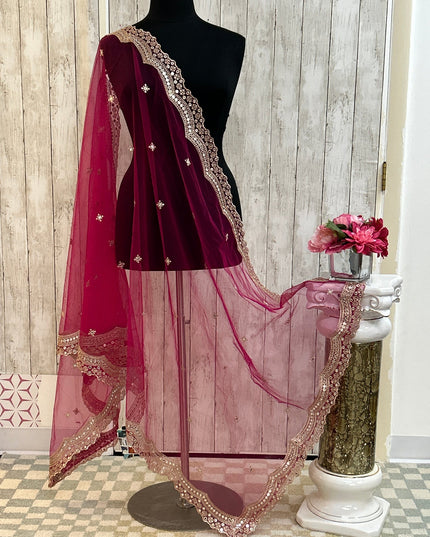 Mirror work dupatta: dark pink by Kurti Connection USA