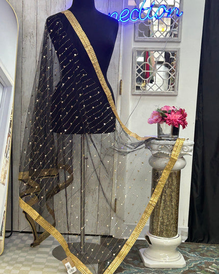 Black foil mirror work dupatta by Kurti Connection USA