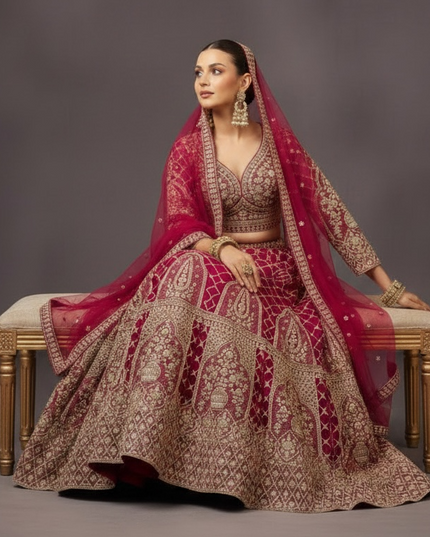 Heavy Satin Bridal Lehenga Choli Set – Red & Gold
