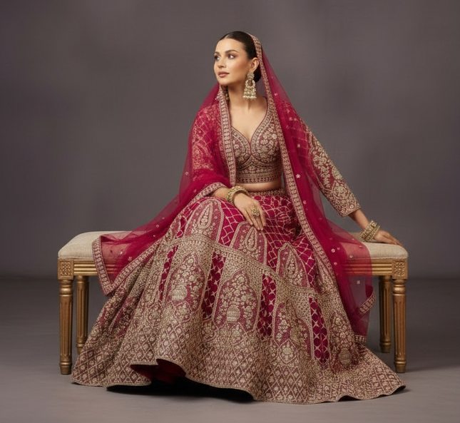 Heavy Satin Bridal Lehenga Choli Set – Red & Gold