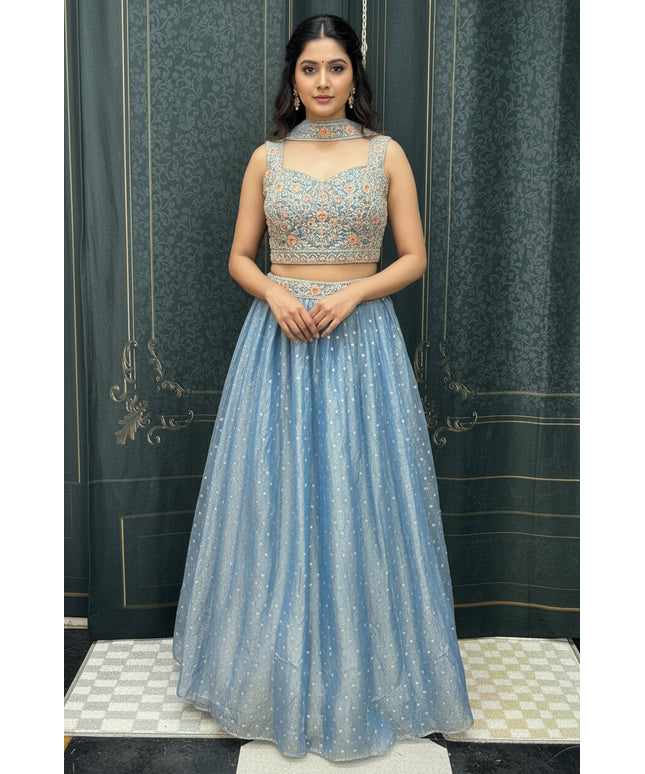 Pastel blue: Tissue silk lehenga Choli set