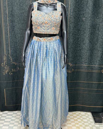 Pastel blue: Tissue silk lehenga Choli set