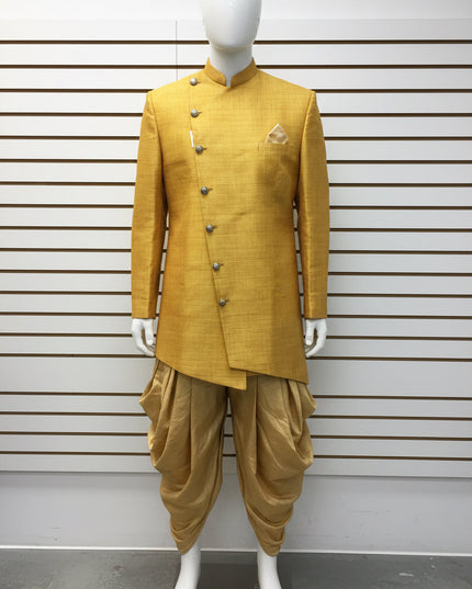 Yellow sherwani with gold dhoti pant