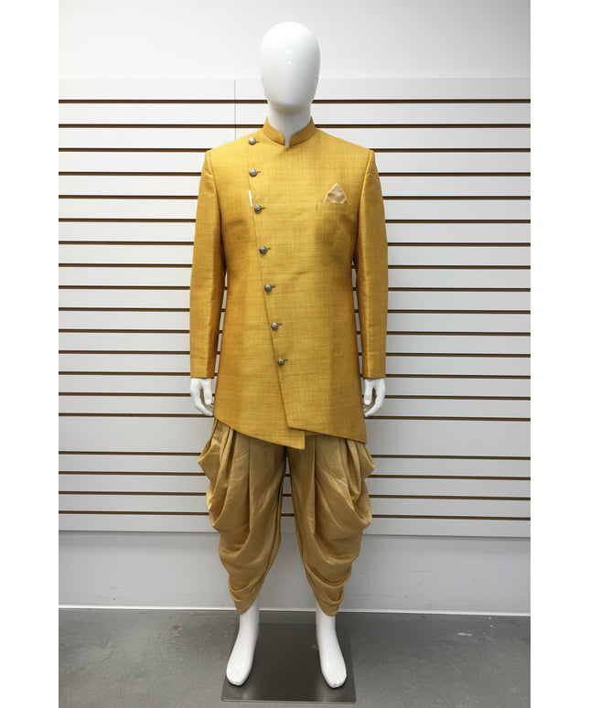 Yellow sherwani with gold dhoti pant