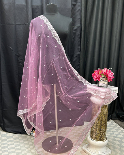 Light pink net dupatta with silver sequin border by Kurti Connection USA