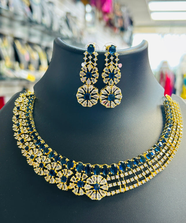 Ad necklace set : Blue stones gold polish
