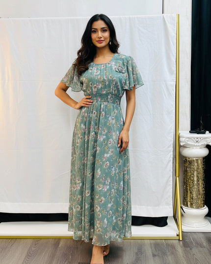 Floral Print Flutter Sleeve Maxi Dress