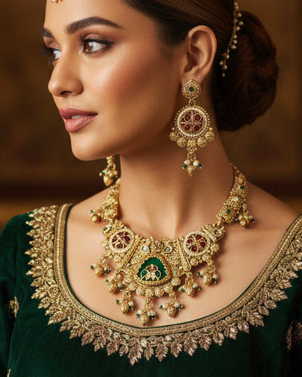 Traditional Antique Gold-Plated Temple Necklace Set with Ruby, Emerald & Pearl Accents