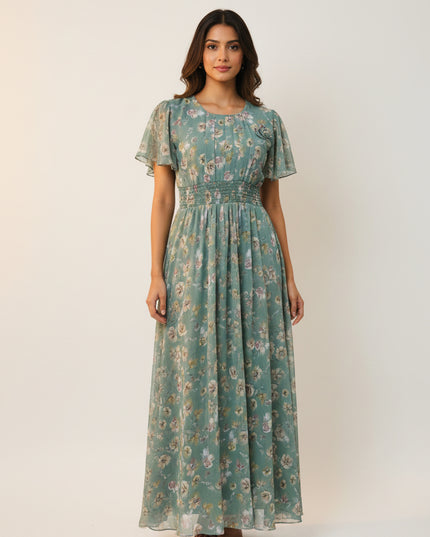 Floral Print Flutter Sleeve Maxi Dress
