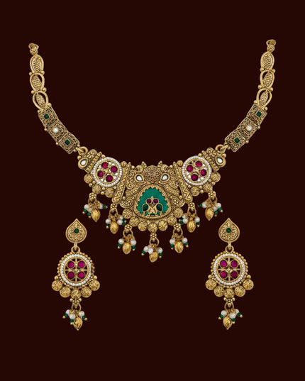 Traditional Antique Gold-Plated Temple Necklace Set with Ruby, Emerald & Pearl Accents