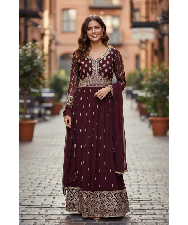 Party wear long gown : wine color by Kurti Connection USA