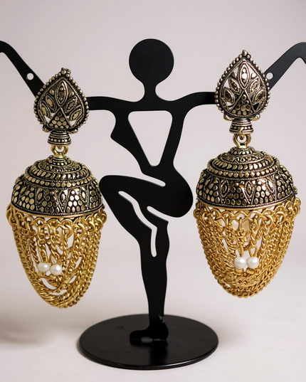 Antique gold finish jhumki earrings by Kurti Connection USA