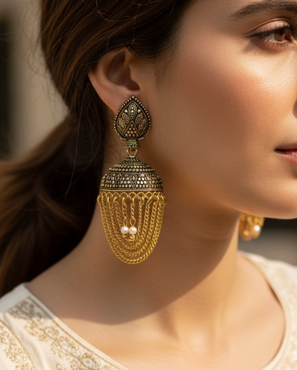 Antique gold finish jhumki earrings by Kurti Connection USA