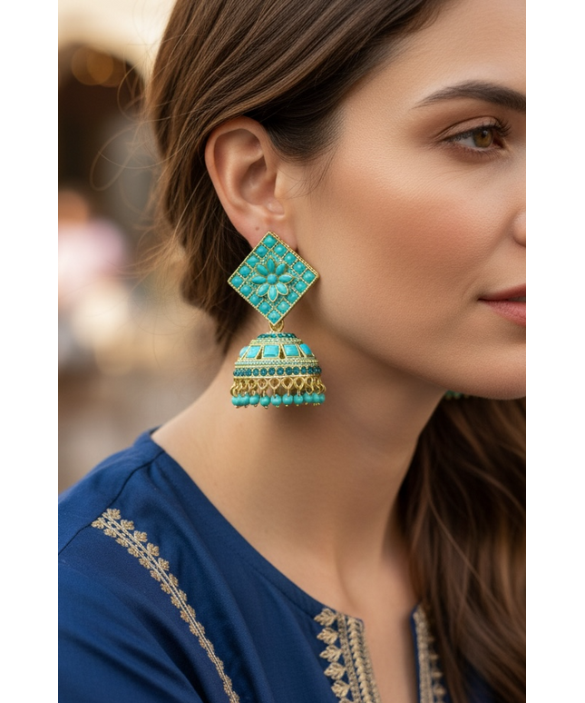Turquoise blue jhumki earrings by Kurti Connection USA