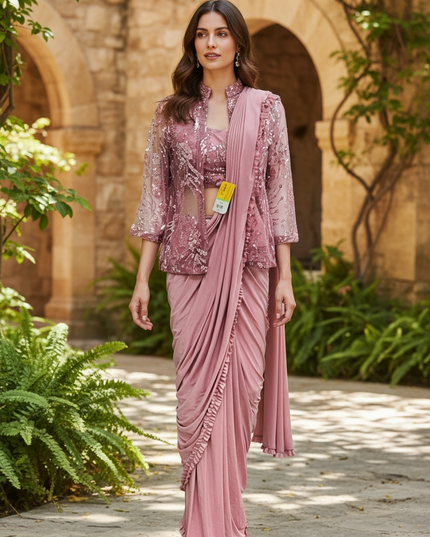 Readymade saree / pre stitched saree with blouse and jacket by Kurti Connection USA