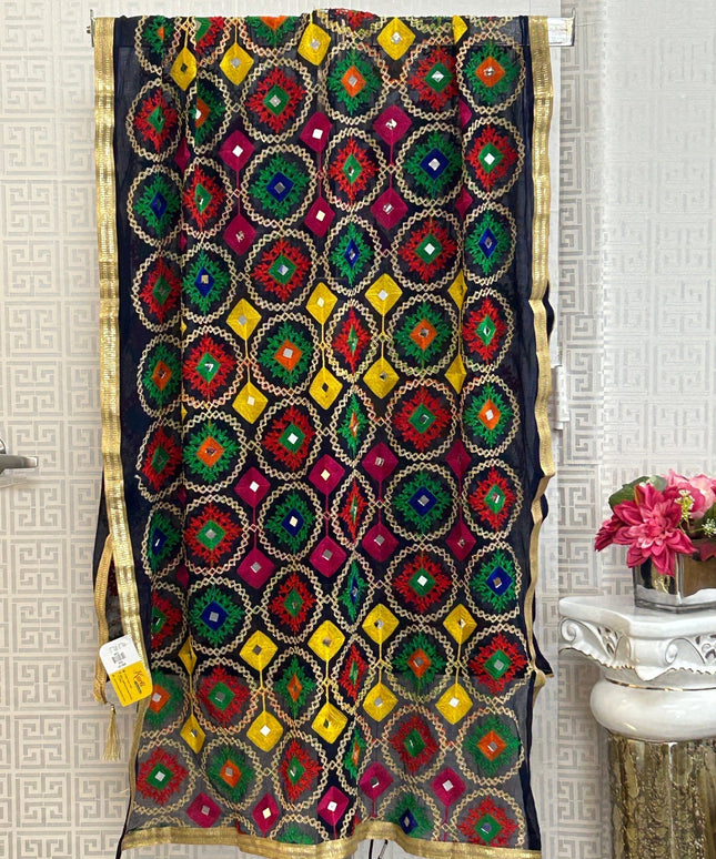 Navy blue dupatta with phulkari work by Kurti Connection USA