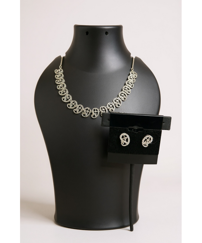 Lightweight silver look necklace set : AD STONE by Kurti Connection USA