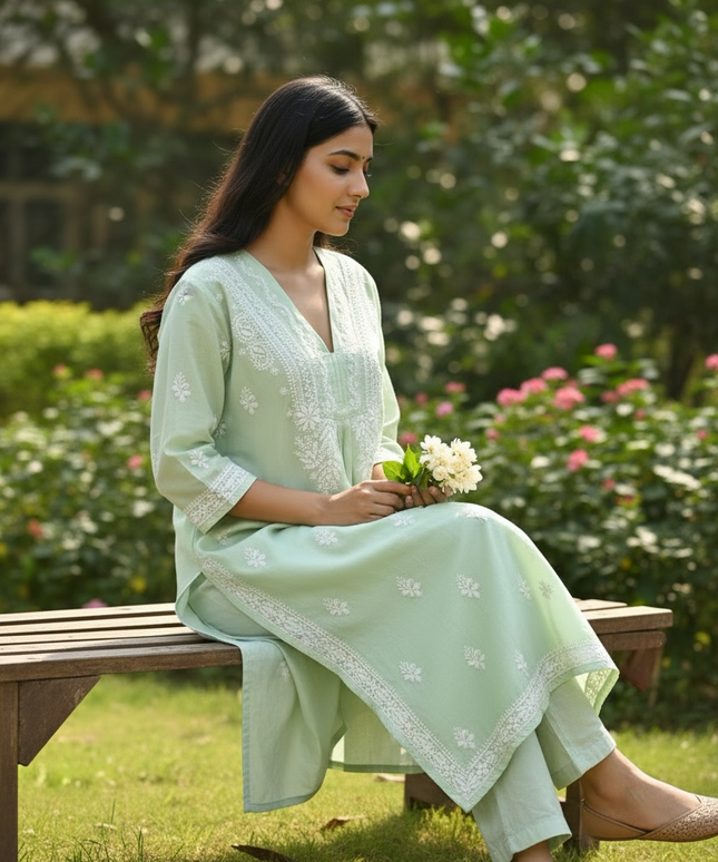 Green/Cotton chikankari top