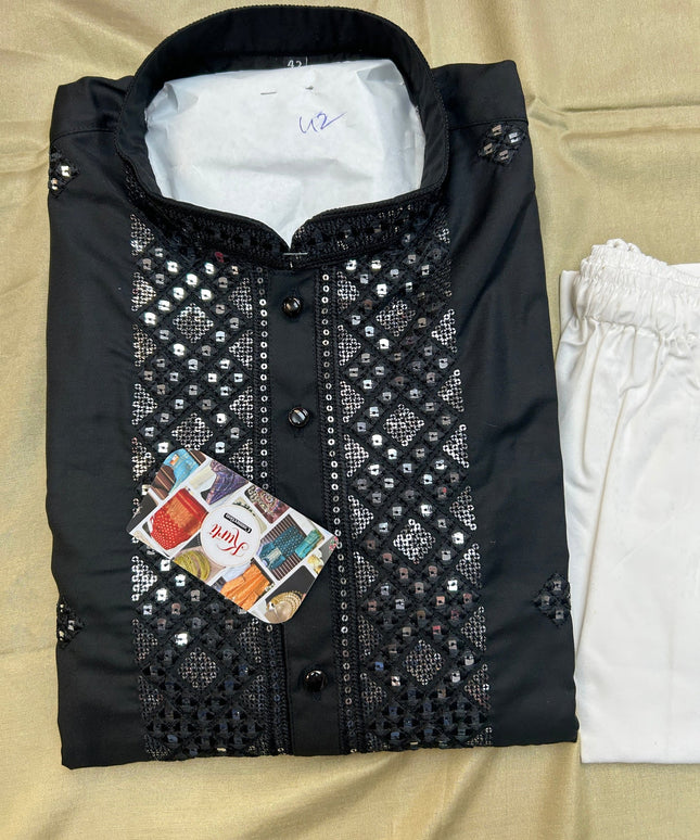 Silk kurta pajama set with mirror work by Kurti Connection USA