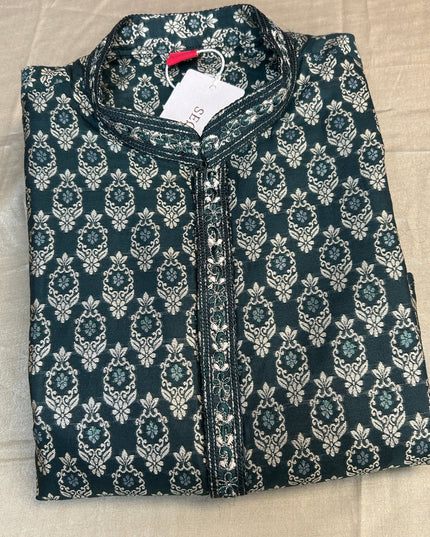 Dark green brocade kurta pajama by Kurti Connection USA