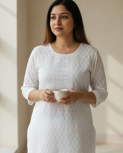 White chikankari kurti with light sequin work by Kurti Connection USA