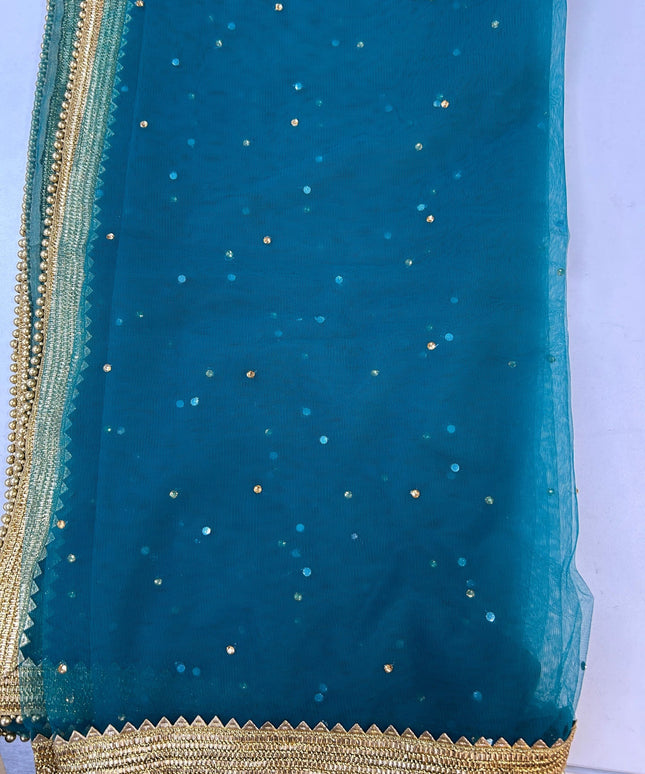 Teal blue net duppata heavy lace