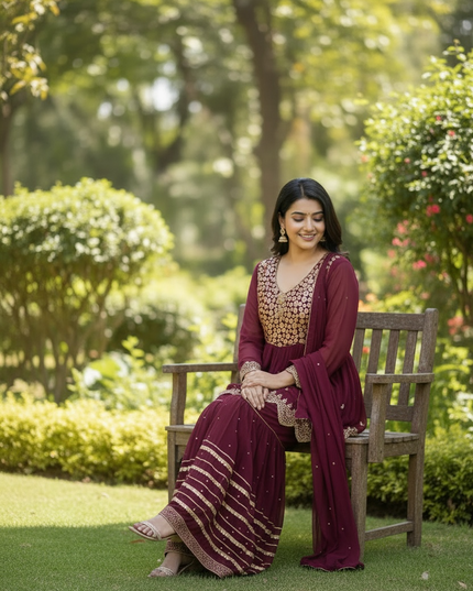 Maroon chiffon sharara suit