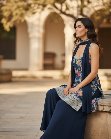 Sleeveless Kurti Plazzo set with necklace dupatta: sharara suit