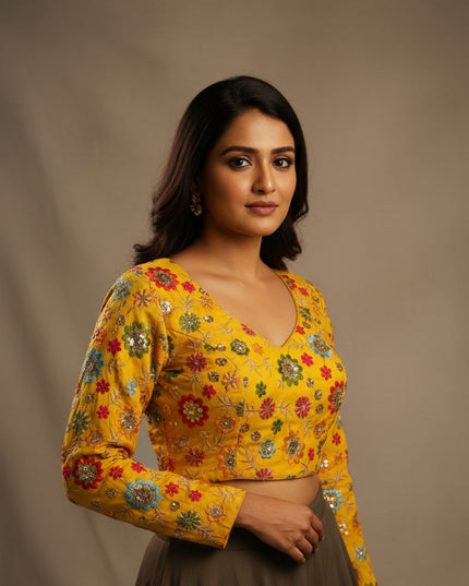 Yellow embroidered full sleeves blouse