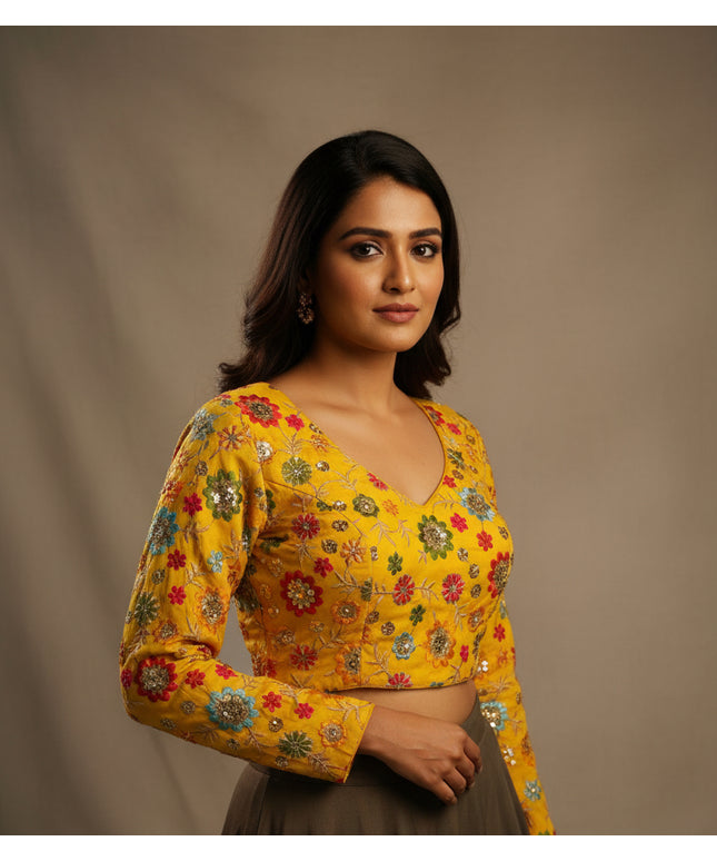 Yellow embroidered full sleeves blouse