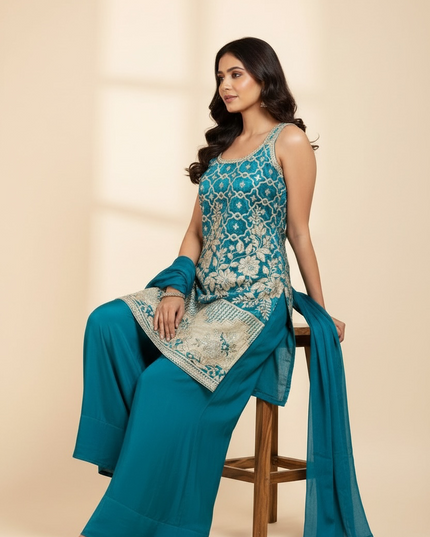 Banarasi sharara suit with necklace dupatta