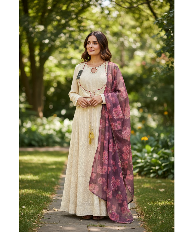 Chikankari long gown by Kurti Connection USA
