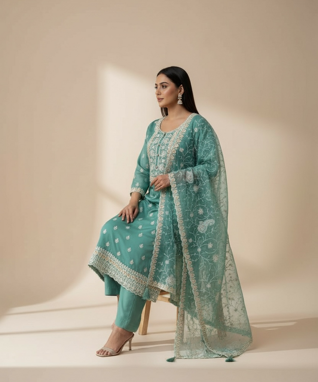 Embroidered silk salwar suit by Kurti Connection USA