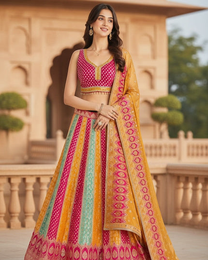 House Of Indian Wedding Attire Banarasi lehenga choli set in pink, yellow, and teal with intricate woven patterns. Model wears a sleeveless blouse and flowing skirt.