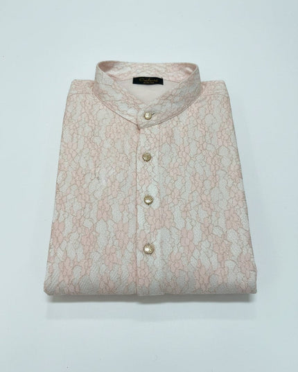 House Of Indian Wedding Attire light pink polyester kurta for men with intricate lace pattern and gold buttons.