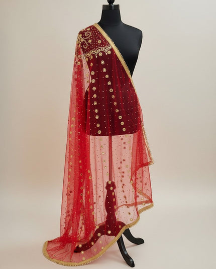 House Of Indian Wedding Attire red net bridal dupatta with gold sequins and mirror work, gold lace trim.