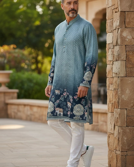 House Of Indian Wedding Attire men's teal and navy blue gradient kurta with elephant and floral embroidery. Band collar, button placket, long sleeves.