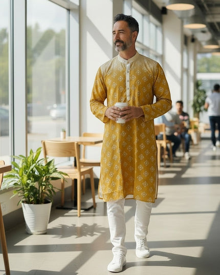 House Of Indian Wedding Attire men's yellow cotton kurta pajama with white patterned print and white pants.