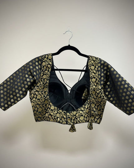 Kurti Connection USA black and gold brocade blouse with floral embroidery and sweetheart neckline. Short sleeves.