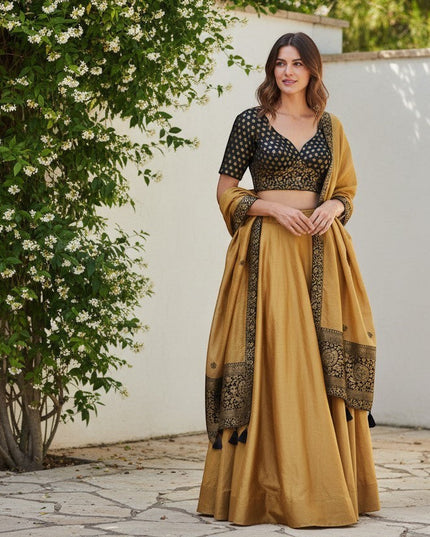 Kurti Connection USA black and gold brocade blouse with floral embroidery and sweetheart neckline, paired with a mustard lehenga.