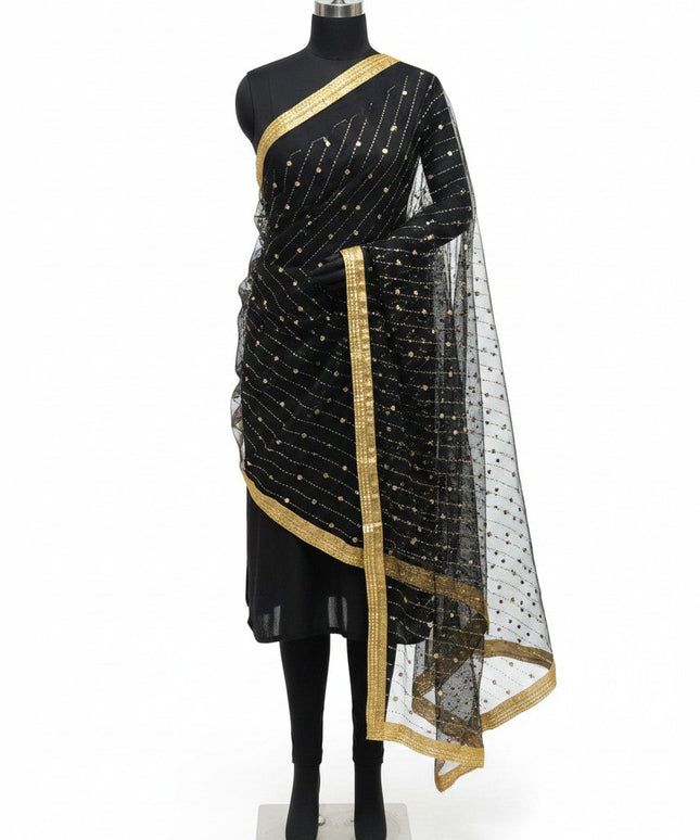 Kurti Connection USA black net dupatta featuring gold foil mirror work and a decorative gold border on a mannequin.