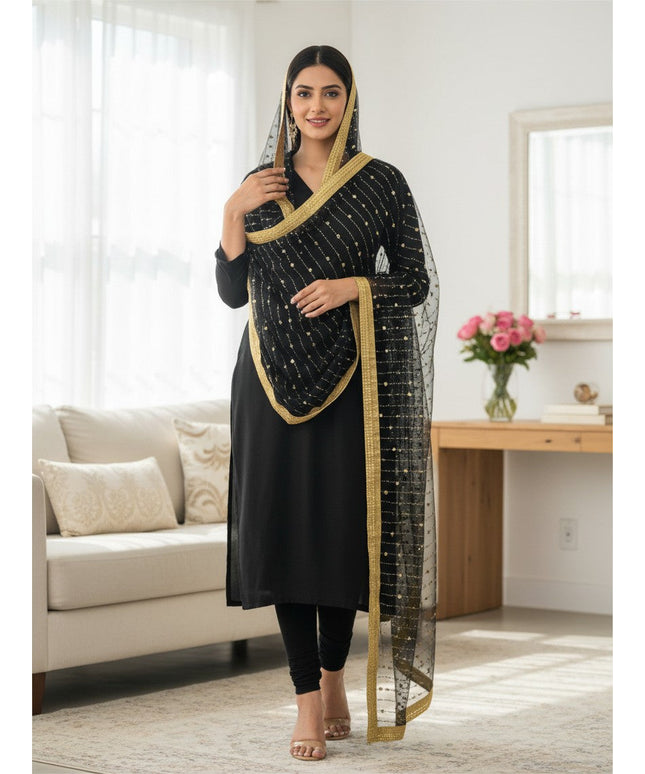 Kurti Connection USA black net dupatta with gold foil mirror work and border draped over a woman in a black kurta